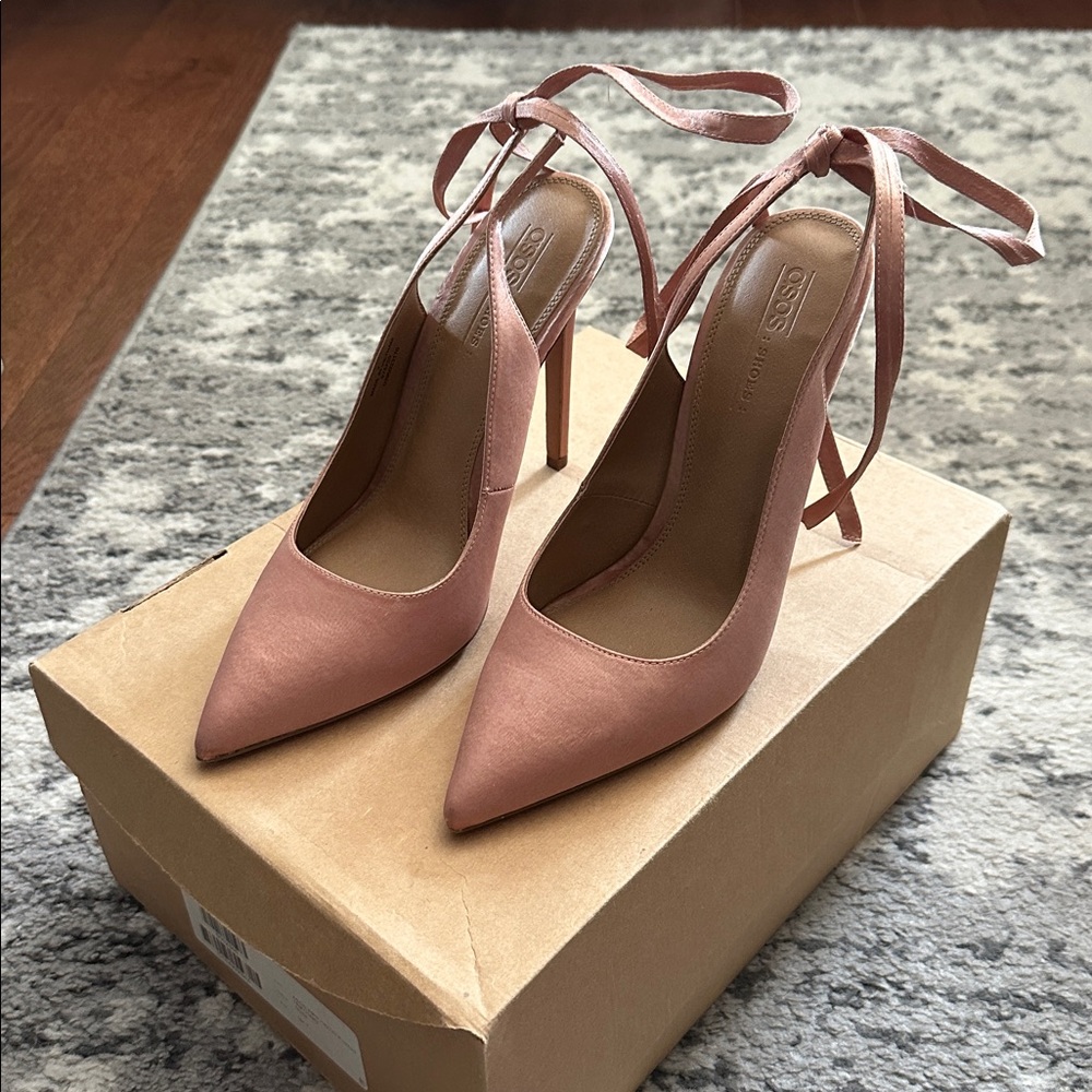 Asos Pink Satin Heels with Ribbon Ties (Pipe Down pointed high heels) UK 7